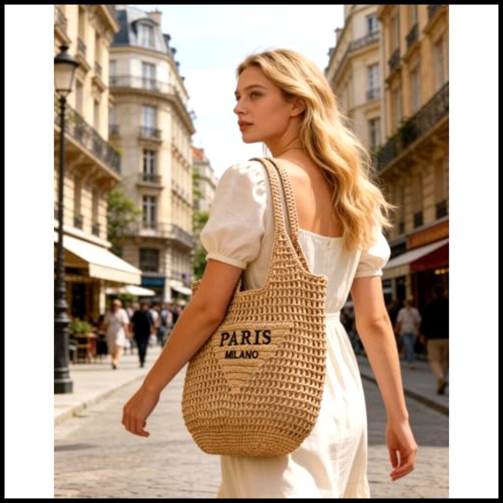 Large Woven Straw Tote Bag Handwoven Summer Beach Hobo Handbag Casual - Picture 3 of 7